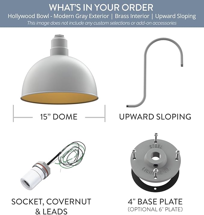 Steel Lighting Co. Hollywood Bowl Light | Outdoor Wall Mounted | 15 inch Bowl Dome | Upward Sloping Gooseneck | Barn Light Made in America | Modern Gray Exterior/Brass Interior