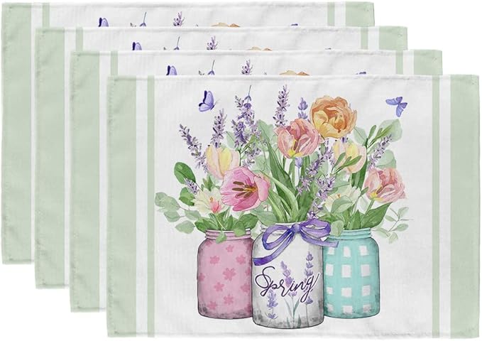 GEEORY Flowers Mason Jar Spring Placemats 12x18 Inch Set of 4 Green Summer Table mats Farmhouse Rustic Holiday Kitchen Dining Decoration for Indoor Outdoor Dinner Party Décor