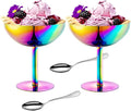 Ice Cream Bowls Stainless Steel Dessert Cups with Spoons Reusable Footed Sundae Cups Ice Cream Cups for Dessert, Frozen Yogurt, Gelato, Birthday Party Decorations (2, Colorful)