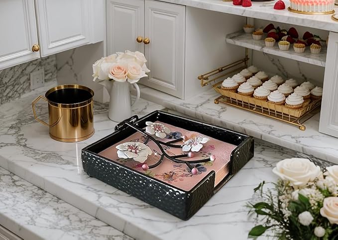 Black Flat Square Napkin Holder with White Pink Orchid Blooms | Orchid Flowers Metal Hinged Weighted Arm | Serviette Paper Hand Towel Storage Caddy Tray Organizer Dispenser | Home Restaurant