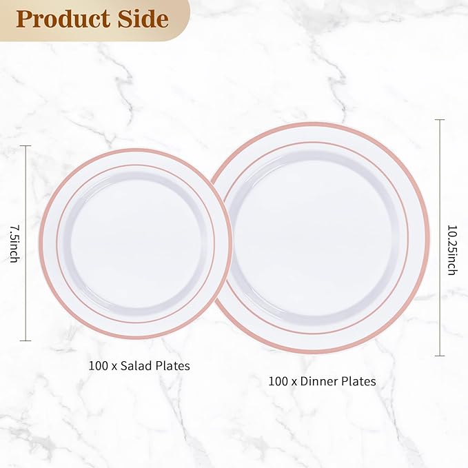 BESTVIP 200PCS Rose Gold Plastic Plate, Disposable Party Plates with 100 Dinner Plates and 100 Dessert Plates, Plastic Plates for Party, Wedding and Birthday