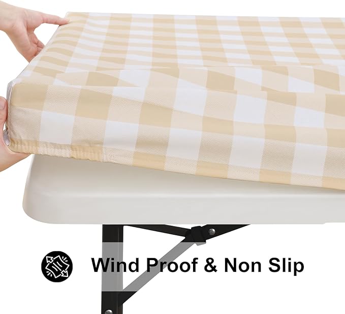 Smiry Rectangle Picnic Table Cloth, Elastic Waterproof Fitted Vinyl Tablecloths, Flannel Backed Buffalo Plaid Table Covers for Dining, Camping, Outdoor (White and Beige, 30" x 96")