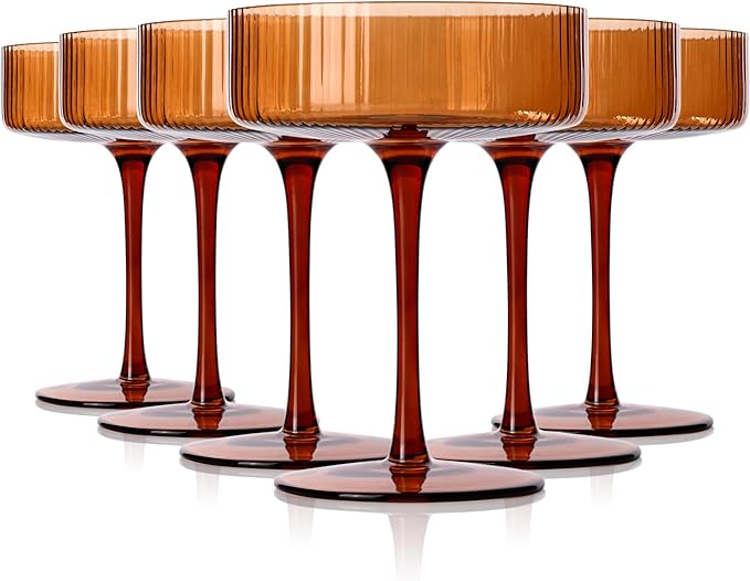 9 oz Dark amber Vintage Art Deco Coupe Glasses Set of 6 Brown Ribbed martini Glasses |Vintage Cocktail Glasses Set,Unique Colored Coupe Glass