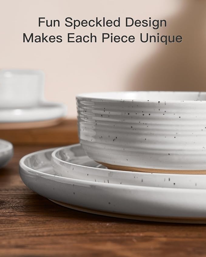 Stoneware Dinnerware Set, Highly Chip and Scratch Resistant Everyday Plates and Bowls for 8 (24pcs), Reactive Glaze Speckled Ceramic Flared Dishes with Gift Box, Microwave Dishwasher Safe, White