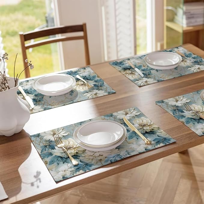 12"x18" Vintage White/Blue/Green Peony Florals Placemats Set of 4 Washable Thick Place Mats Kitchen Table Mats Decorative Linen Fabric Table Mat for Dining Table Kitchen Home Decor