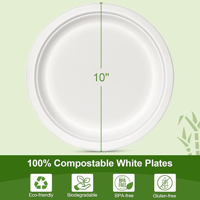 Heavy Duty Paper Plates 10 Inch [60 Pack - White ] Eco Friendly Compostable Dinner Plates, Biodegradable Disposable Paper Plates For Party Picnic Home Office, Sturdy Soak-proof