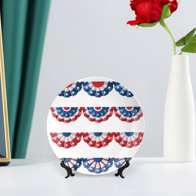 Ceramic Plates, American Flag Decor Decorative Ceramic Plates, Flag Round Bunting Election Ornament Pattern, 7 Inch, Household Plates Decorative, Blue Red