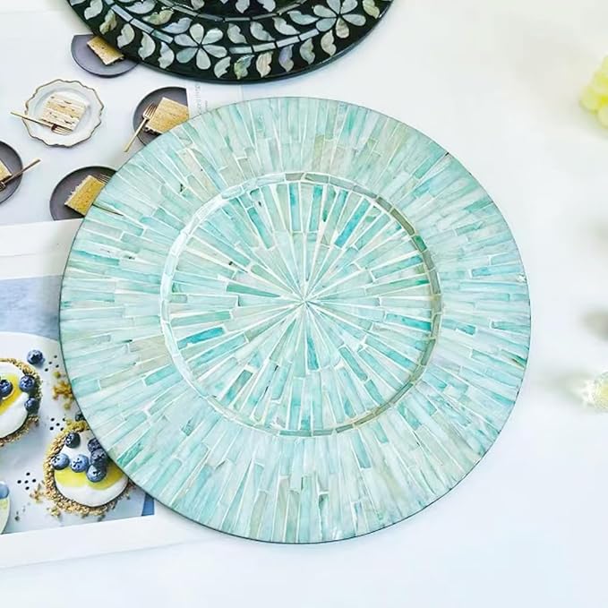 i-lan 2-Pack 13" Mother of Pearl Charger Plates – Hand-Inlaid Sea Shell & Wood in Teal Green – Elegant Gift for Housewarming, Wedding or Hostess | For Dining, Parties & Rustic-Modern Decor