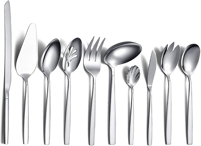 Silverware Serving Set 10 Pieces, Berglander Stainless Steel Flatware Serving Set, Serving Spoon, Silver Serving Utensil, Anti Rust(10 Pieces)