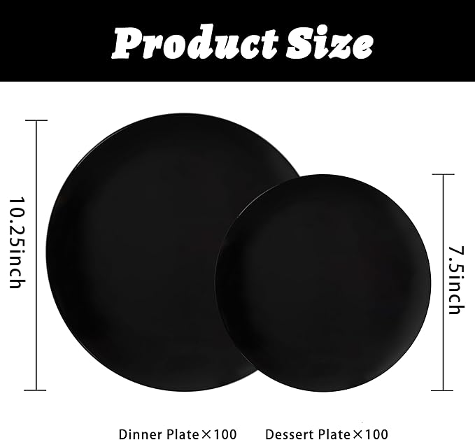 I00000 200 PCS Black Plastic Plates for 100 Guests Include: 10.25 inch 100 Pieces Dinner Plate and 7.5 inch 100 Pieces Dessert Plate, Premium Plastic Plates Perfect for Birthday, Wedding & Party