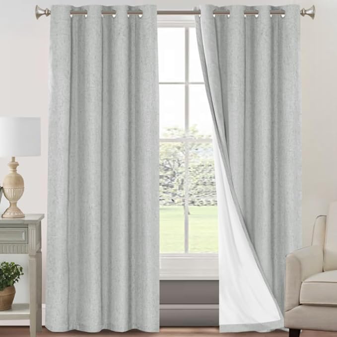 PrinceDeco Linen Texture Curtains Full Blackout Curtains 90 inch Long 2 Panels Set Anti-Rust Grommet Grey Linen Curtains Vertical Drapes Privacy for Bedroom Living Room，52 X 90 Inch, Glacier Grey