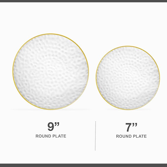 PLASTICPRO 64 Piece Combo Plates Set includes 32 7'' inch Plates & 32 9'' inch Plates Clear Plastic Organic Hammered Design Party Plates With Gold Rim, Premium heavyweight Elegant, Dishes,