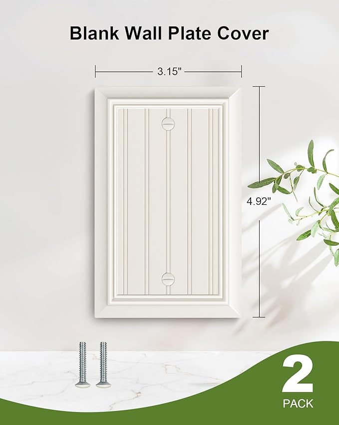 2-Pack Classic Beadboard Single Blank Wall Plate, Durable Natural Bamboo Fiber Wall Plate Cover,Light Almond 1 Gang Wall Plate for Unused Outlets/Switches