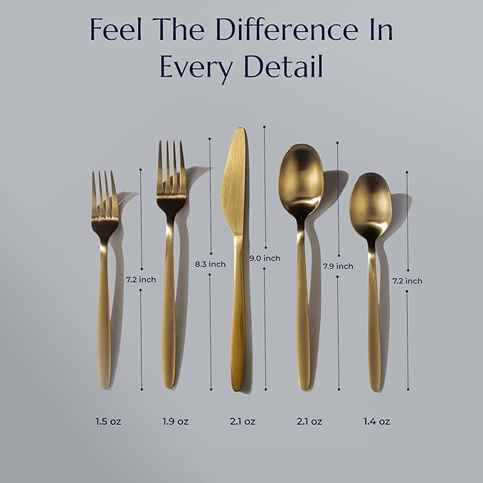 JazzUpCo Tia Flatware non toxic 18/10 stainless steel dishwasher safe (Matte Gold, 12 Person Set (60 Pieces))