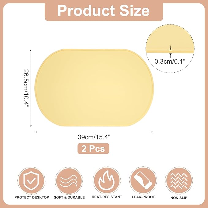 uxcell 2 Pcs Oval Silicone Placemat, 15.4" x 10.4" Non-Slip Washable Table Placemats Heat Resistant Waterproof Mat with High Edge for Table Kitchen Desk Protection, Yellow