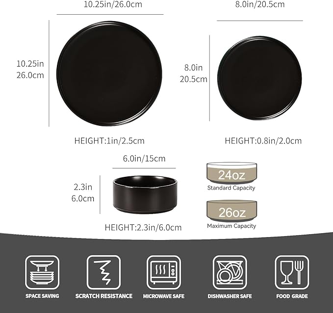 GZG Classic Series - Plates and Bowls Set for 4, 12 Piece Stoneware Dinnerware Sets, Microwave and Dishwasher Safe Lead-Free Handcrafted Ceramic Dishes Set - Matte Black