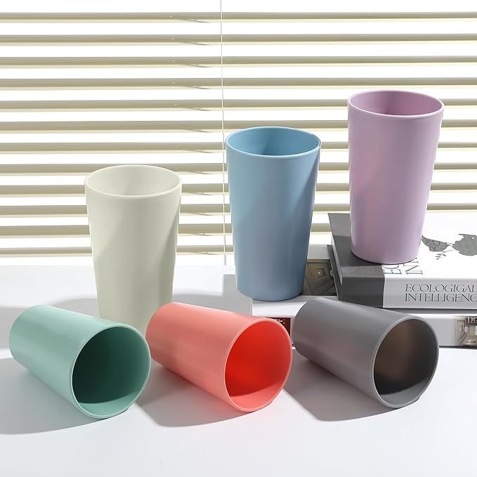 24 Pcs Unbreakable Plastic Cups Set, 12 Pcs 14 oz and 12 Pcs 20 oz Reusable Plastic Cups, Stackable Water Tumblers, Drinking Cup for Kitchen, BPA-free, Dishwasher and Microwave Safe, 6 Colors