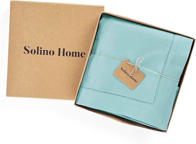 Solino Home Linen Tablecloth for Rectangle Tables 60 x 156 Inch - Classic Hemstitch 100% Pure Linen Aqua Blue Table Cloth - Machine Washable Cloth Tablecloth for Spring, Easter