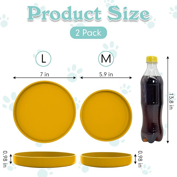Silicone Dog Bowl Shallow Cat Food Bowls 7" Wide Puppy Plates Whisker Fatigue Pet Feeding Dishes Set of 2 for Dry Food and Wet Food Indoor (Round Yellow)