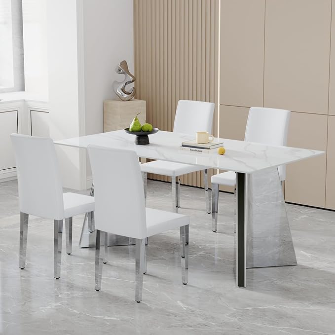 White Dining Chairs Set of 8,Faux Leather with Chrome Plate Metal Legs,Armless Kitchen Room Chairs Set of 8,Max Load 300 Lbs,High Back Modern Design for Home Kitchen Living Room Bedroom