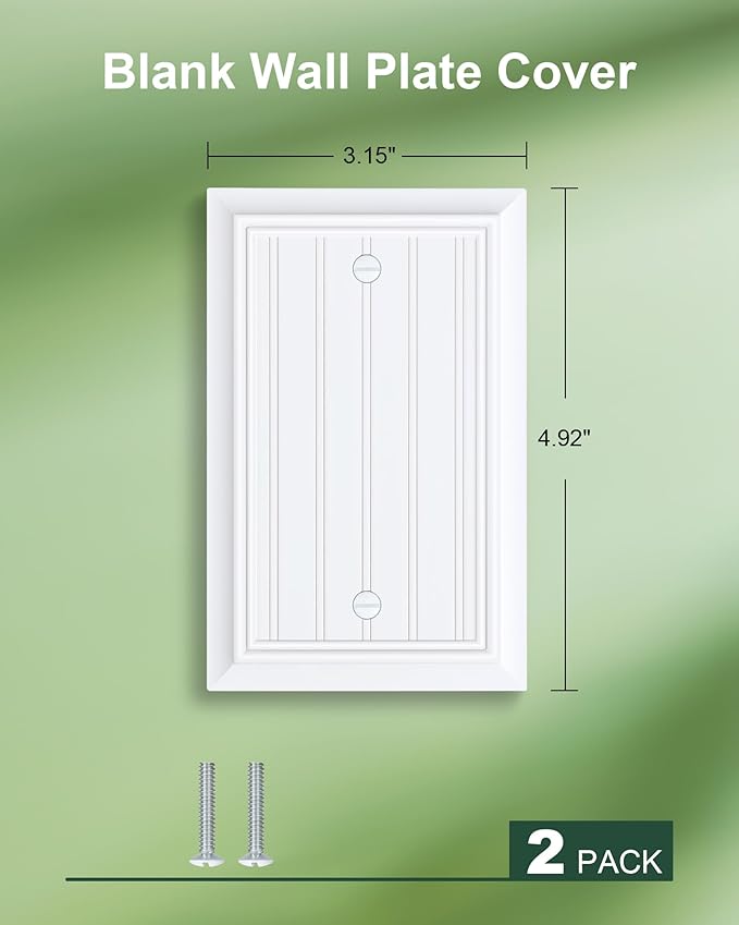 2-Pack Classic Beadboard Single Blank Wall Plate, Durable Natural Bamboo Fiber Wall Plate Cover,Pure White 1 Gang Wall Plate for Unused Outlets/Switches, Corrosion Resistant