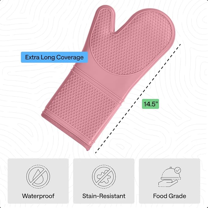GORILLA GRIP BPA-Free Soft Silicone Oven Mitts, 14.5x8.3, Heat Resistant and Waterproof Cooking Gloves, Thick Cotton Lining, Flexible Gripping for Baking Grilling, Kitchen Potholders Set of 2, Pink