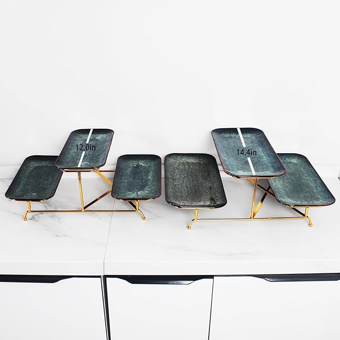 3 Tier Serving Trays for Party, 14.4 Inch Porcelain Serving Platters and Tiered Trays, Foldable Sturdy Gold Stand, for Food Display, Fruit, Cake Dessert, Decoration Entertaining, Black