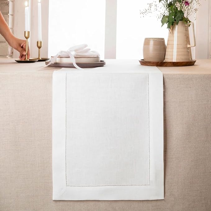 D'Moksha Homes Linen White Table Runner 84 Inches Long - 100% Pure Linen Table Runner 14 x 84 Inch for Valentines, Spring, Easter - Classic Hemstitch