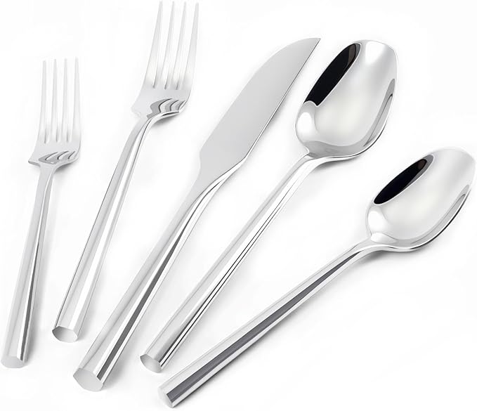 Silverware Set 60-Piece Hand Forged Stainless Steel Cutlery, Mirror Silver Thick Hexagon Handle Flatware Sets, Service for 12