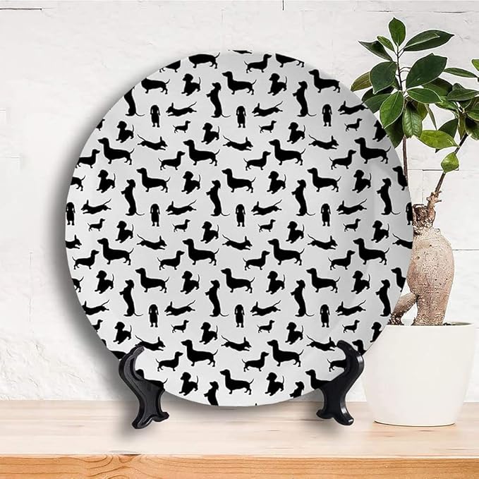 Decorative Plates, Dog Lover Print Ornament, Monochrome Dachshunds in Numerous Stances Active Life, 8 Inch, Kitchen Wall Decor, Black White