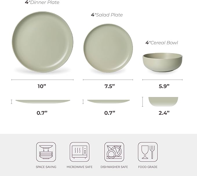 12-Piece Stoneware Dinnerware Set with Mugs | Microwave and Dishwasher Friendly | Stackable Matte Glaze Plates & Bowls | Service for 4