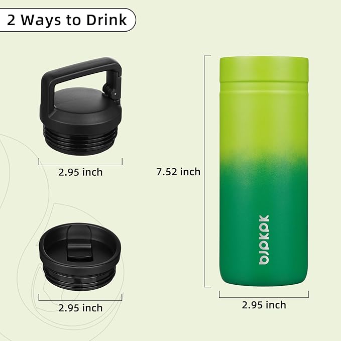 BJPKPK Insulated Water Bottle with 2 Lids,20 oz Double Wall Stainless Steel Vacuum Tumbler Travel Coffee Mug,Wide Mouth Thermal Cup,Matcha Green