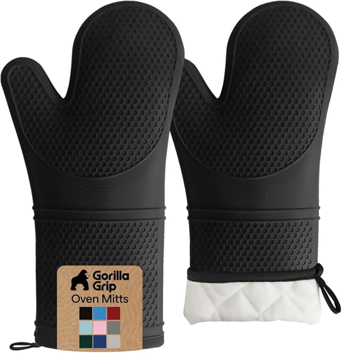 GORILLA GRIP BPA-Free Soft Silicone Oven Mitts, 14.5x8.3, Heat Resistant and Waterproof Cooking Gloves, Thick Cotton Lining, Flexible Gripping for Baking Grilling, Kitchen Potholders Set of 2, Black