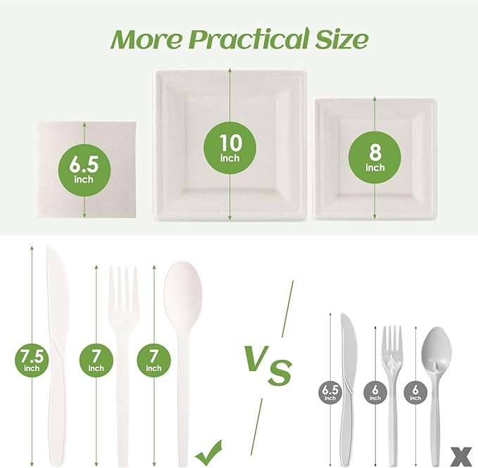 Compostable Disposable Paper Plates Set -[300 Pcs]10 inch 8 inch Heavy Duty Biodegradable Square Plates and Spoons,Forks,Knives,Napkins-Eco-Friendly Party Bulk