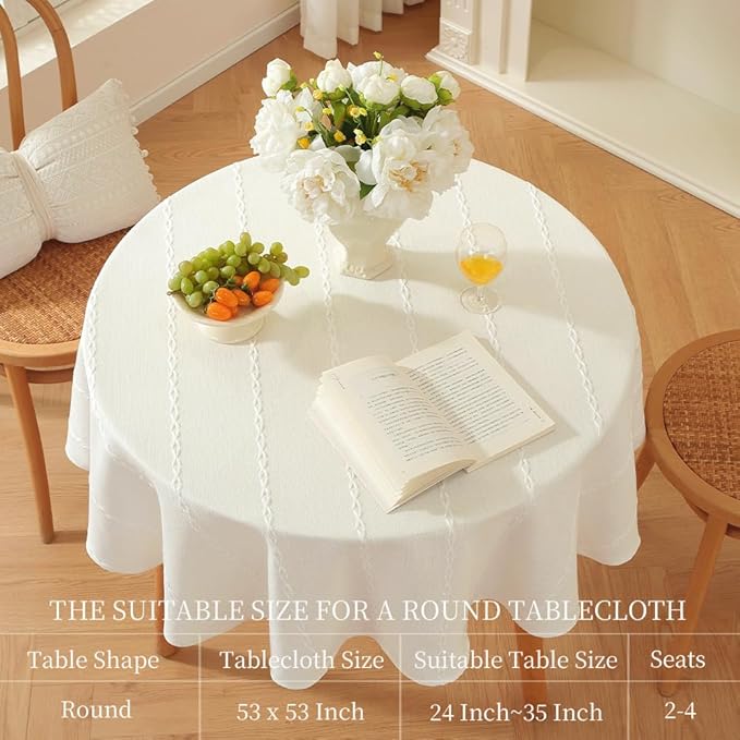 Zobesta White Table Cloth Round Tablecloth 53 inch, Washable Linen Farmhouse Soft Boho Round Table Cloth for Party, Holiday, Picnic, Dining, Outdoor,Fall, Wedding
