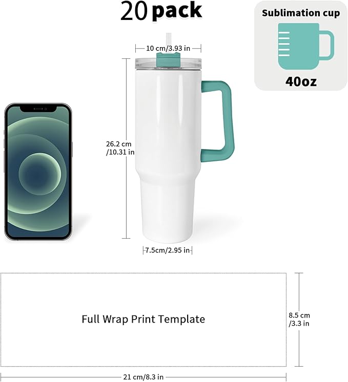 40 oz Sublimation Tumblers 20 Pack with 5 Color Handle Lid and Straw Stainless Steel Double Wall Vacuum Insulated Travel Mug Cup Bulk Sublimation Blank for DIY Gift