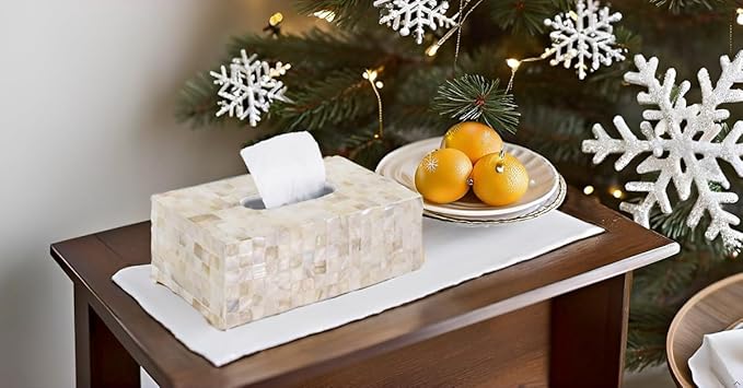 PEMAR Rectangular Mother of Pearl Lacquer Nacre Inlay Wood Tissue Box, Handmade Rectangle Tissue Box Cover Holder Decorative Napkin Dispenser Organizer Rustic Farmhouse Vintage Decor (White Sand)