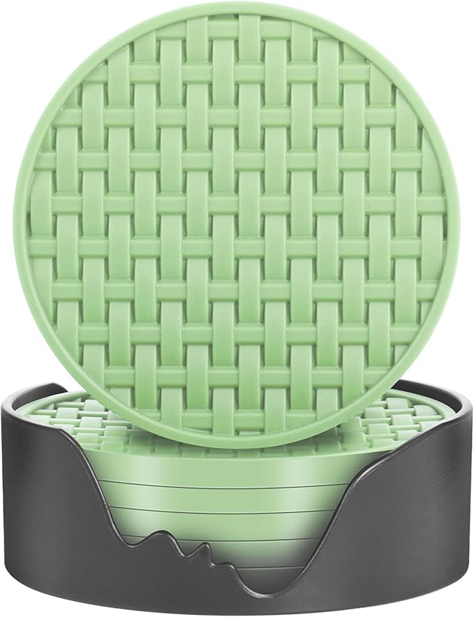 Green Silicone Coasters Set of 6 with Holder, 4 Inch Round Non-Slip Heat Resistant Waterproof Coaster, Decorative Cup Mats for Coffee Table, Home, Kitchen, Office, Bar