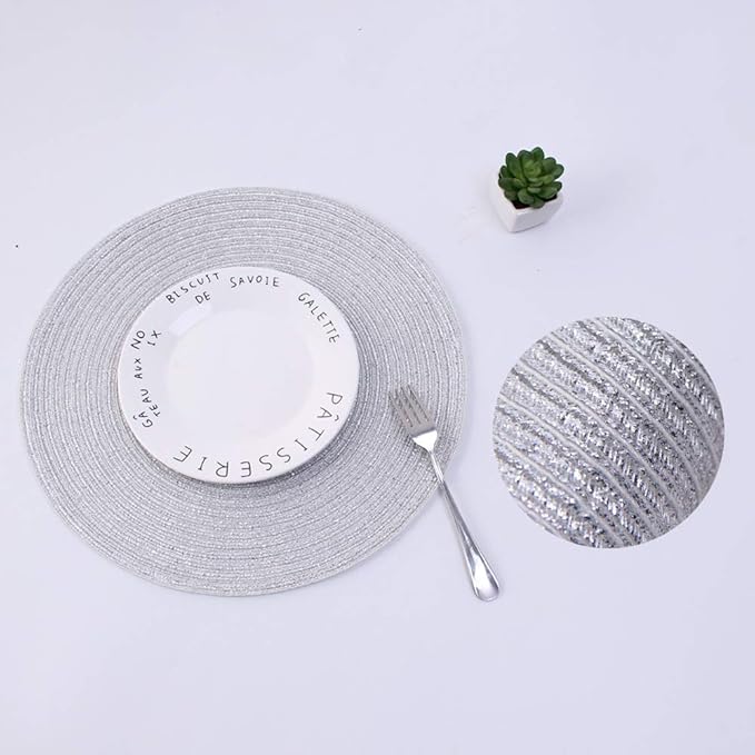 SHACOS Christmas Silver Glitter Round Placemats Set of 6 Sparkle Bling Place Mats Glitz Table Mats for Holiday Home Party Wedding Festive Table Decoration (6, Silver)