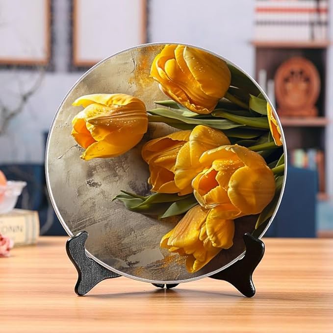 10 Inch Decorative Ceramic Plates with Display Stand Still Life Yellow Tulips Artistic Wall Hanging for Party and Home Decor DP-40207276