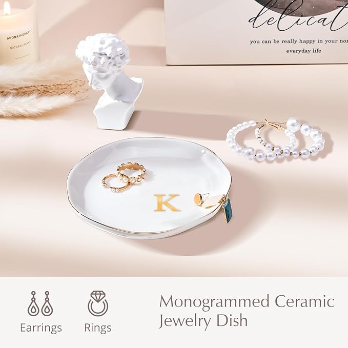 ProCase Ceramic Jewelry Tray, Initial Ring Dish Trinket Plate Engagement Gift, Small Personalized Monogram Ring Bowl for Wedding, White Decorative Jewelry Holder for Women Vanity -Letter K