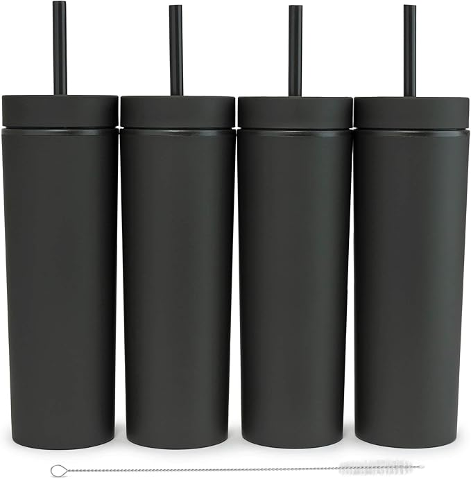 SKINNY TUMBLERS Matte Pastel Colored Acrylic Tumblers with Lids and Straws (4 pack) | 16oz Double Wall Plastic Tumblers With FREE Straw Cleaner! Reusable Cup With Straw | Vinyl DIY Gifts (Black)