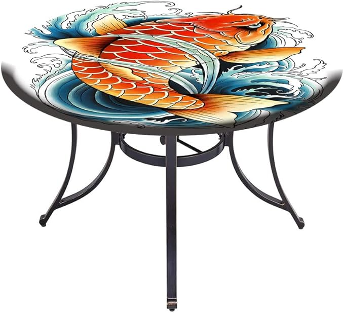 Elastic Tablecloth, Koi Fish Decorative Fabric Table Cover for, Tattoo Style Japanese Wave, Fit Round Tables 23inch Diameter, for Dining Room/Party/Banquet Decoration, Multicolor