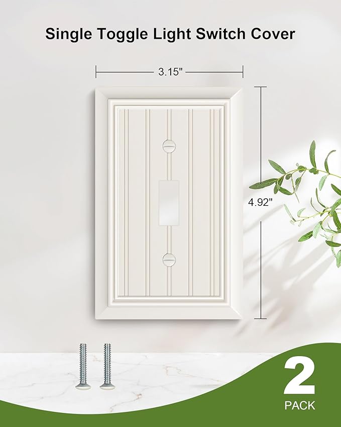 2-Pack Classic Beadboard Single Toggle Light Switch Cover Plate, Durable Natural Bamboo Fiber Decorative Switch Plate Covers, Light Almond 1 Gang Wall Plate