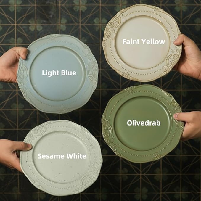 Ceramic Flat Plates Set of 4, 10.5 inch Reactive Glaze Stoneware Dish Set for Dessert, Salad, Appetizer, Dinner, Dishwasher & Oven Safe, Scratch Resistant-Faint Yellow