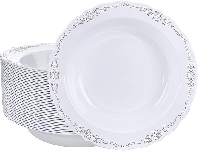 DaYammi 30 Pack Plastic Bowls with Silver Rim, 12oz Disposable Soup Bowls, Silver Bowls Disposable Heavy Duty Dinner Bowls for Weddings,Plastic Serving bowls Parties,Dinners,Catering and Everyday Use