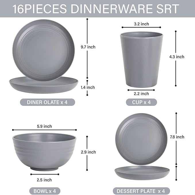 LIYH 16 Pcs Grey Wheat Straw Dinnerware Sets Unbreakable Dinnerware Sets for 4 Plates and Bowls Set Plastic Plates Reusable Straw Tableware Dish Set for 4 Include Plate Bowl Cup