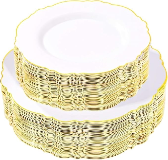 WDF 100pcs Gold Plastic Plates - High-end Baroque Design - Heavy Duty White &Gold Wedding Plates Set Ideal for Weddings/Party/Bridal Shower/Valentine's Day