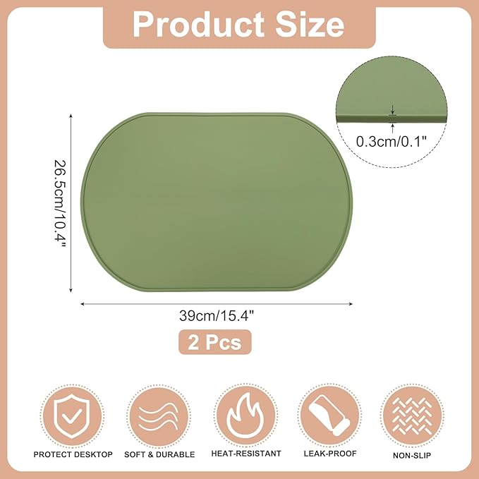 uxcell 2 Pcs Oval Silicone Placemat, 15.4" x 10.4" Non-Slip Washable Table Placemats Heat Resistant Waterproof Mat with High Edge for Table Kitchen Desk Protection, Green