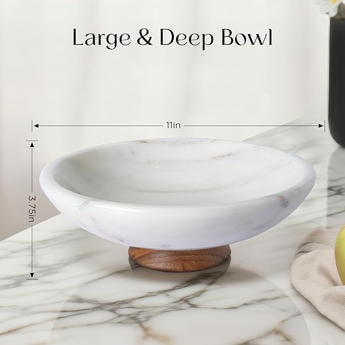 White Marble Fruit Bowl with Acacia Wood Pedestal, Large Decorative Footed Bowl, Natural Stone Centerpiece for Kitchen Counter, Entryway, Keys, Dining Table, House Warming Gifts New Home(11Inch)